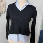 Ann Taylor Business Casual Gray Cable Knit Sweater Blue Button-up Layered Look S Photo 0
