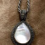 Sterling Silver 925 Marcasite Outlined Mother of Pearl Pendant and Rope Necklace Photo 2