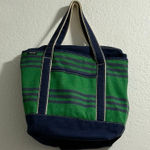 Lands' End LANDS’ END Navy Blue Green Stripe Zippered Tote 16" W X 15" H X 5" D Photo 0