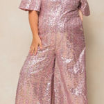 Ivy City Co Bejeweled Pink Sequin Jumpsuit Size 3X Wide Leg Party Holiday Romper Photo 0