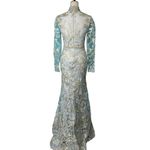 Mac Duggal Long Formal Dress 11165 Long Sleeve Applique V-Neck Gown Blue Gold 2 Photo 4