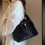 Black quilted faux leather shoulder bag purse with gold chain & gold accents Photo 2