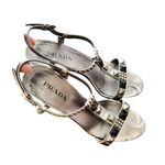 Prada 38 Patent Leather T-Strap Silver Studded crystals Accents Block Sandals Photo 10