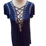 Lulu's Navy Blue with White Embroidered Design Tassel Tie Front Dress Size XS Photo 2