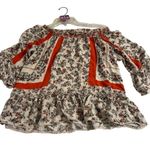 Democracy  BOHO Women’s Size M Beige Floral 3/4 Bell Sleeve Ruffle Hem Top Blouse Photo 0