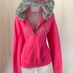 Aeropostale VERY RARE PLUS SIZE 2000S Y2K pink zip up grey faux fur trim fitted hoodie jacket sweater silver rhinestone logo spell-out-XXL (true to size) Photo 0