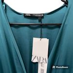 ZARA NWT  Teal Long Sleeve Satin Mini Dress Elastic Waist Ruffled Hem V-Neck M Photo 7
