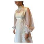 Vintage 1970s Sheer Lace High Neck Bridal Wedding Gown with Bow Detail XS White Photo 9