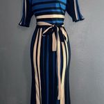 Ann Taylor Black Blue & Beige Belted Midi Short Sleeve Knit Dress Womens XL Photo 0