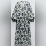 ZARA  Metallic Baroque Sheer Overlay Balloon Sleeve‎ Maxi Dress Blue Size Small Photo 3