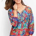 Talbots Fiesta Paisley Tassel Cotton Popover Top Blouse Size 1X Colorful Artsy Photo 0