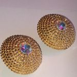 Vintage Gold Tone AB Rainbow Rhinestone Chunky Round Dome Retro Boho Earrings Photo 2