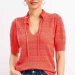 Loft Ann Taylor Short Sleeve Petite Pointelle Tie Neck Knit Sweater Blouse Small Photo 0