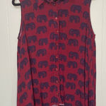 Modcloth 1X Burgundy Elephant Print Cold Shoulder Collared Button Up Blouse Top Photo 0