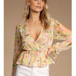 Lulus  Spring Vibes White Floral Print Cutout Long Sleeve Peplum Top XL Photo 0