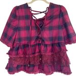 POL Plaid Blouse with Lace Peplum Short Sleeve Lace Up Back Top Medium Photo 3