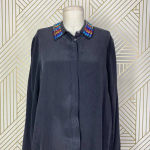 Equipment Rainbow Jeweled Collar Silk Button-Down Blouse Gray Size US Small Photo 2
