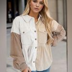 Cream and Tan Peplum Button Down Shirt Size L Photo 0