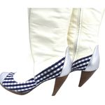 AUTHENTIC Gigi Favela White Leather Boots Heels Blue Gingham Leather 5.5 Photo 4