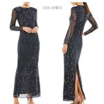 Mac Duggal  sequin formal dress high neck illusion navy formal cocktail Sz‎ 8 NWT Photo 2