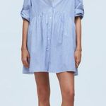 Madewell Button Front Gathered Mini Dress Striped Blue White Poplin Cotton Small Photo 0