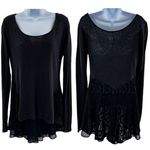 Free People  Lace Back Peplum Ruffle Long Sleeve Blouse Top Shirt Black High Low Photo 1
