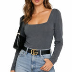 House of Harlow 1960 Bodysuit Women's Size S Dark Gray Long Sleeve Square Neck Photo 0