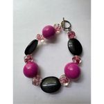Women's Chunky Pink & Black Round Stretchy Slip On Beaded Bracelet Feminine Glam Photo 1