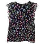 Nanette Lepore Black Floral Flutter Sleeve Top Sheer Ruffle Neck Size Small EUC Photo 3