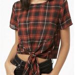 Forever 21 Plaid Tie Front Scoop Neck Short Sleeve Pullover Blouse Top Red Black Photo 0