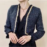Christian LaCroix Navy Metallic Tweed Chain Trim Cropped Blazer Jacket Small Photo 0