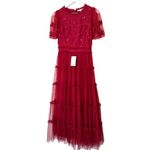 Ivy City Co. Embroidered Tulle Midi Red Floral Beaded Short Sleeve Size XS Photo 4