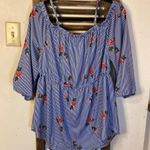 Beautiful women’s Large blouse blue and white stripe with floral print Photo 4