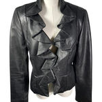 White House | Black Market WHBM Black Genuine Leather Jacket Ruffle Collar Front Seam Detail Women Medium Photo 0
