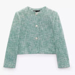 ZARA New Luxury Preppy Green Long Sleeves Round Neck Textured Crop Blazer Sz XL Photo 1