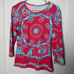 J. McLaughlin  Blue Pink Catalina Cloth Equestrian Chain Preppy 3/4 Sleeve Top M Photo 0