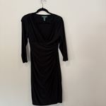 Ralph Lauren Lauren  Rushed Jersey Dress 6 Black Stretch V-neck 3/4 Sleeve 1903 Photo 2