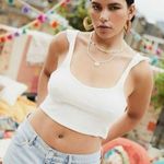 Urban Outfitters NWT  Tank Womens L White Ribbed Cropped Y2K Cap Ruffle Straps Photo 0