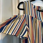 Monteau  Los Angeles Size XL Cold Shoulder Navy Cream Sage Striped Ruffle Top Photo 5