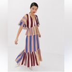 New Lost Ink Chic Striped Midi Dress in Burgundy and Pink | Size Medium Red Photo 1