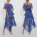MISA Los Angeles MISA Ambrosia Ruffle Hem Striped Midi Dress Metallic Gold Royal Blue Tiered NEW Photo 2