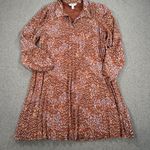 Nine West Pleated V-Neck Shirt Dress Women's Large Collared Brown Sheer Sleeves Photo 0