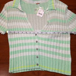 Free People  NWT Flirt Cardi‎ Short Sleeve Sweater Green Cream Stripe Size Medium Photo 8