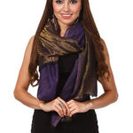 Fraas Wool Metallic Woven Wide Scarf Wrap Purple Gold Made in Germany Luxury Photo 0