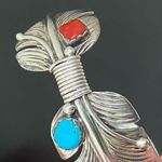 Vintage Navajo Signed Sterling Silver Turquoise Coral Feather Cuff Bracelet 34g. Photo 8