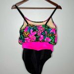 Vintage Sea Fair bright pink & black floral flower one piece bathing suit sz 14 Photo 2