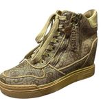 Guess Fiora Wedge Sneaker Lace and Zip Up Brown Cream Gold Shoes Womens 5 M Photo 0