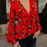 VICI Rendezvous Red Floral Deep Balloon sleeve Peplum Blouse Photo 1