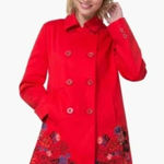 Desigual  Norma Embroidered Coat Jacket Trench Size 42 Tomato Red Cotton Blend Photo 0