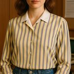 Vintage Russ Petites Butter Yellow and Gray Striped Shirt Size Medium Photo 0